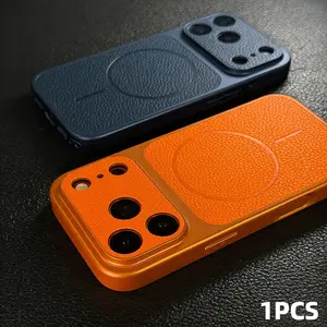 17 Series Orange Artificial Leather Texture Wireless Charging Protective Phone Case, Shockproof Protective Casing, Compatible with Iphone 17 16 15 14 13 Pro Max Plus Magnetic Shockproof Armor Soft Border Cover