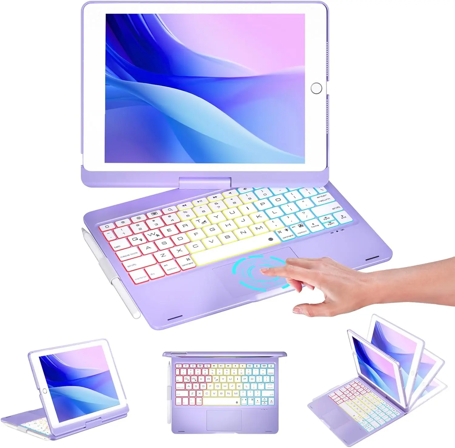 iPad 9th Generation Case with Keyboard 10.2" (2021), 360 Rotatable with Trackpad & Rainbow Backlit, iPad Keyboard case for 9th/8th/7th, iPad Air 3, iPad Pro 10.5 (Metallic Purple)