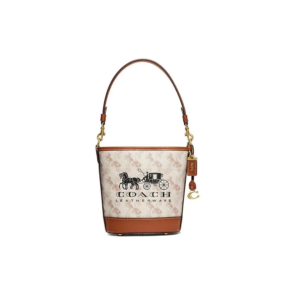 COACH Dakotah 16 Mini Bucket Bag with Monogram Print and Logo Plaque for Women in White and Brown Leather Satchel Purse Genuine Leather Handbag