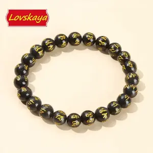 Lovskaya Mantra Black Onyx Agate Bracelet with Six-Syllable Buddha Symbols Natural Crystal Unisex Jewelry for Men and Women Elegant Fashionable Grounding Energy Protection