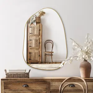 Irregular Wall Mirror Asymmetrical Mirror, Golden Wood Framed Mirror for Bathroom Bedroom Living Room Entryway, Decorative Modern Wall Decor, Wall Mounted Mirror (Gold, 28''x20'') Wooden