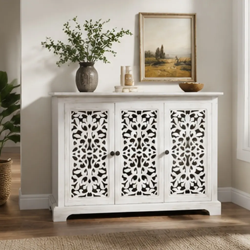 Antique Sideboard Storage Cabinet with 3 Carving Doors, Vintage Buffet Server Console Table for Dining Room Living Room Hallway, Solid Wood+MDF, Antique White, 15.74x44.09x29.92 in, Antique White Color Options, Solid Wood+MDF Material