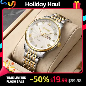 SKMEI Men's Business Quartz Watch - 3ATM Waterproof, Roman Numerals, Zircon Scale, Night Fluorescent Function, Week Calendar, Butterfly Buckle Fashion Timepiece
