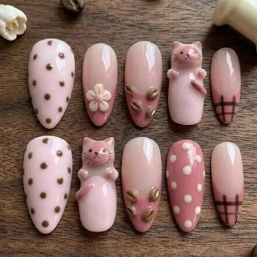 Handmade Kawaii Kitten Press-on False Nails - Luxury Coquette Polka Dot Gel Nail Art Accessories