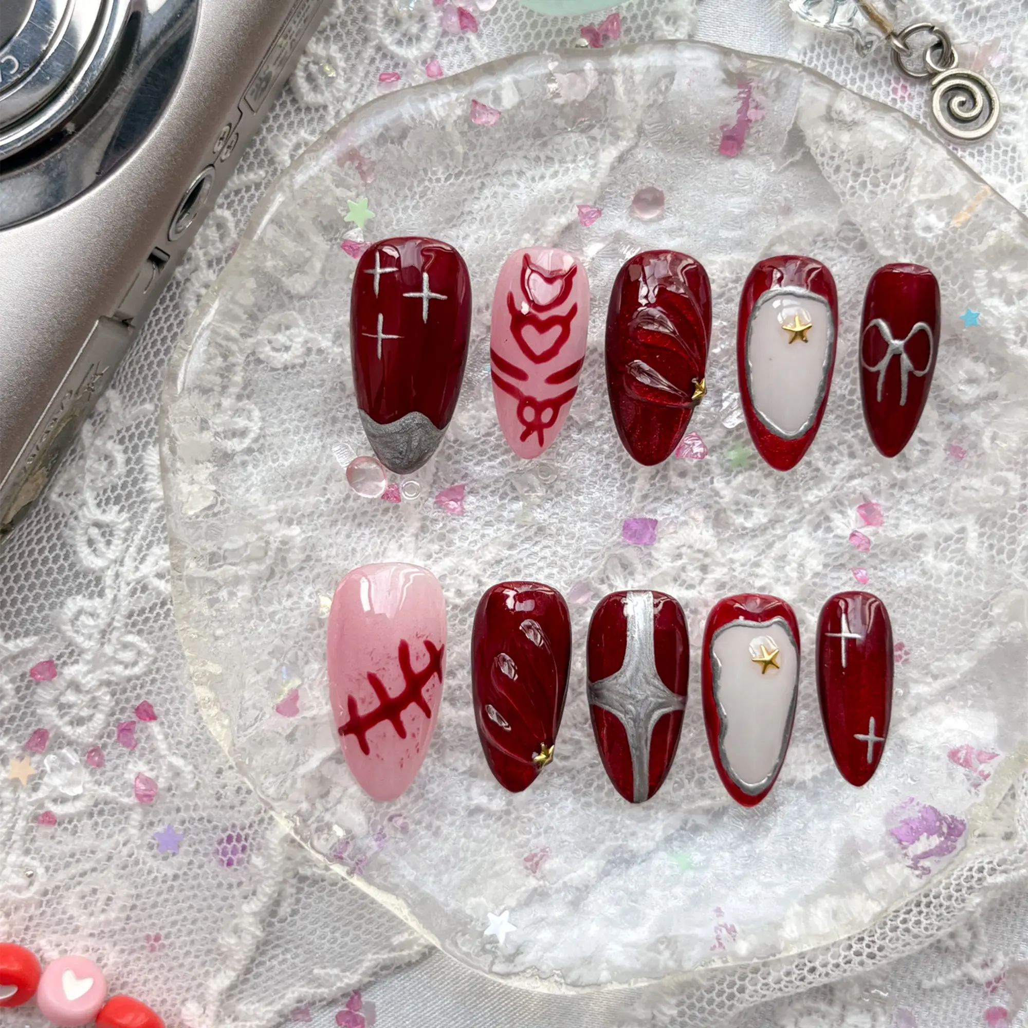 Custom Gothic Press On Nails | Deep Wine Red & Pink Vampire Nails | Halloween Design | Blood Drip, Cross & Star Accents | Long Almond