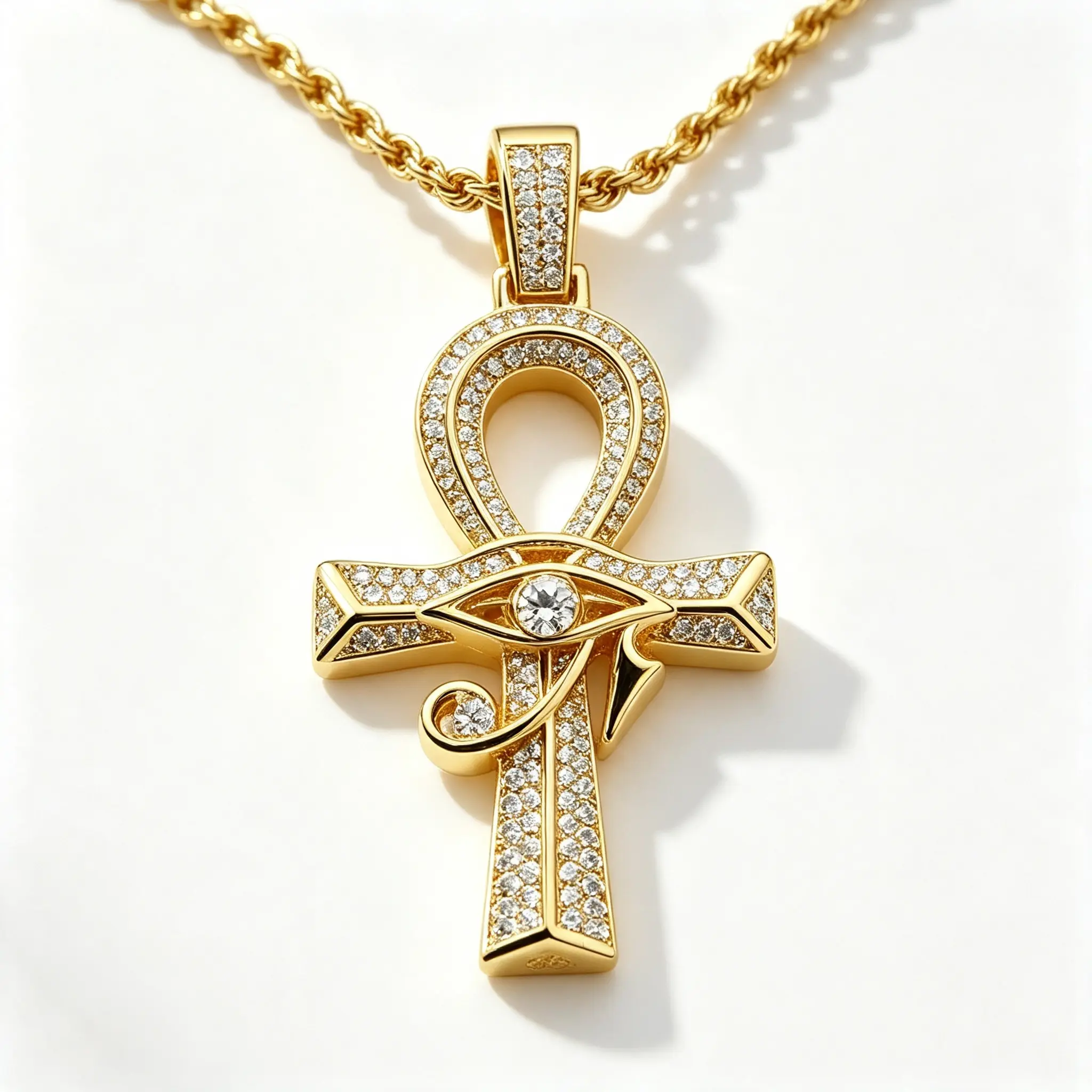 Egyptian Ankh Eye of Horus Pendant Necklace for Men, Iced Out 5A CZ 14K Gold Plated Hip Hop Rope Chain, Mystic Aesthetic Streetwear Jewelry Gift for Him