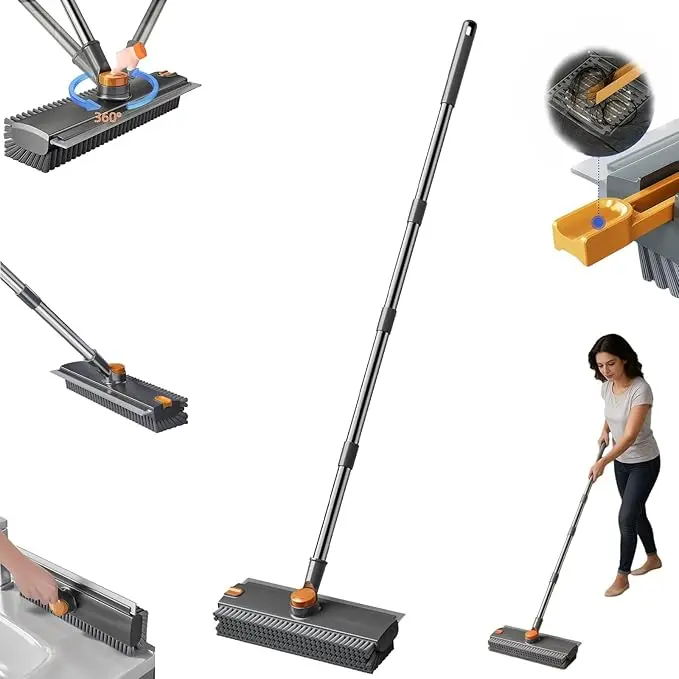 2026 New 3-in-1 Adjustable Long-Handle Cleaning Brush, Long Handle Floor Scrub Brush Adjustable, 360° Rotating V-Shaped Grout Brush, Includes Squeegee, Suitable for Bathrooms and Kitchens Scrubbing Stick