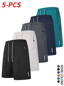 Men’s 5-Pack Quick-Dry Casual Comfortable Shorts, Non-Stretch Elastic Waist Drawstring Shorts with Zipper Pockets, Suitable for Summer Gym Workouts and Training