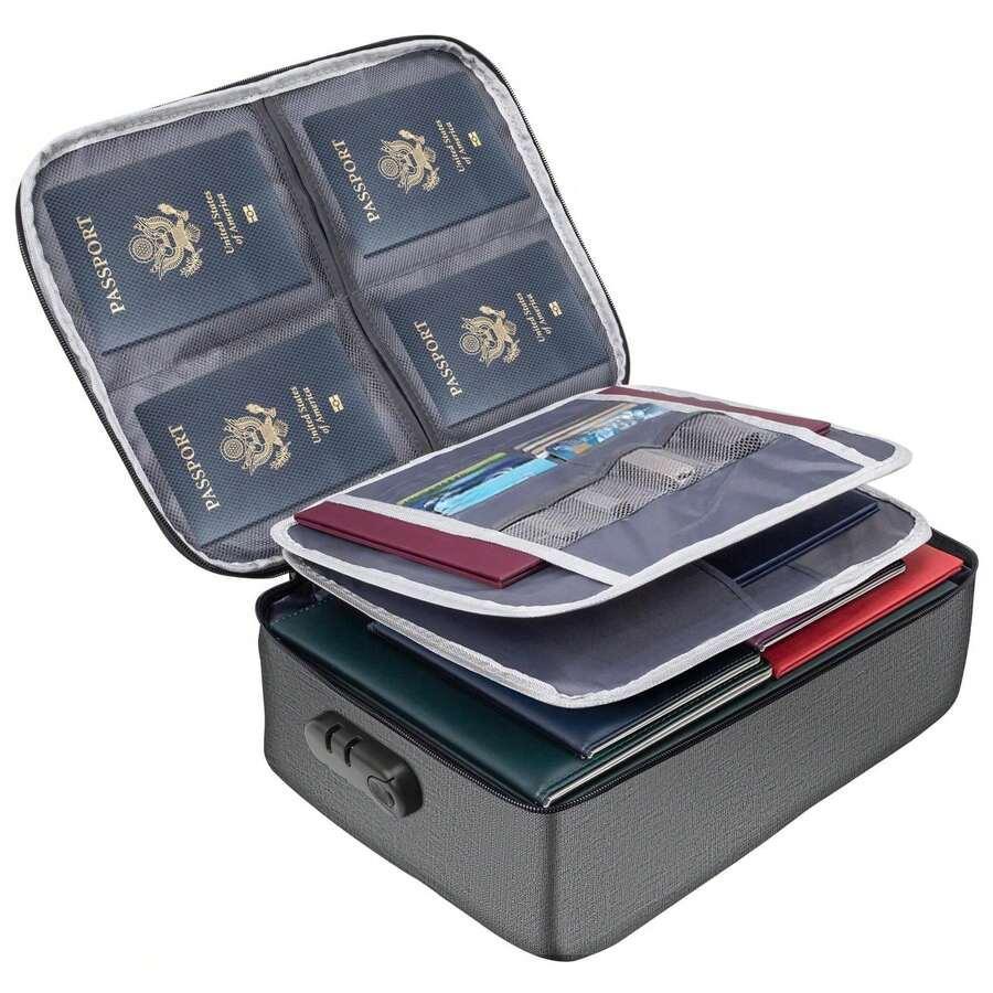 Small Fireproof Storage Organizer Case with Lock(11"x 10"x 4"), 3-Layer Soft Money Safe Coin Organizer Wallet Bag for Cash,Card,Passport,Check,Bill,Travel Home Organizer Carrying Case,Bag with Lock,Fireproof 3-Layer File Storage Case with Water-ResistantS