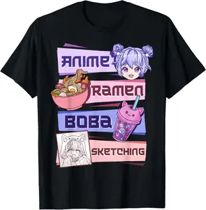 100% Cotton Anime Girl Ramen Boba Tea Bubble Tea Sketching T-Shirt