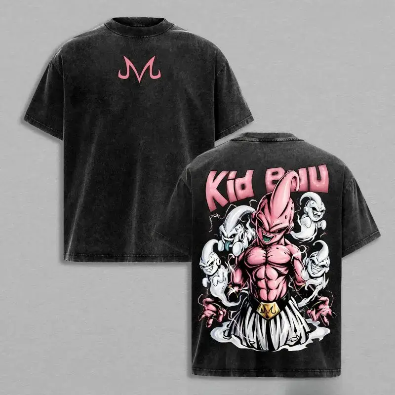 Men's Retro Anime Short-Sleeve Round-Neck Breathable Cotton Washed Black T-Shirt, Casual Fit Streetwear Tops with Front & Back Kid Buu Graphic
