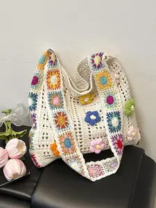 Women's Elegant Floral Woven Beach Tote Bag, Casual Trendy Bag, Foldable and Portable, Perfect for Beach, School, and Vacation Essentials