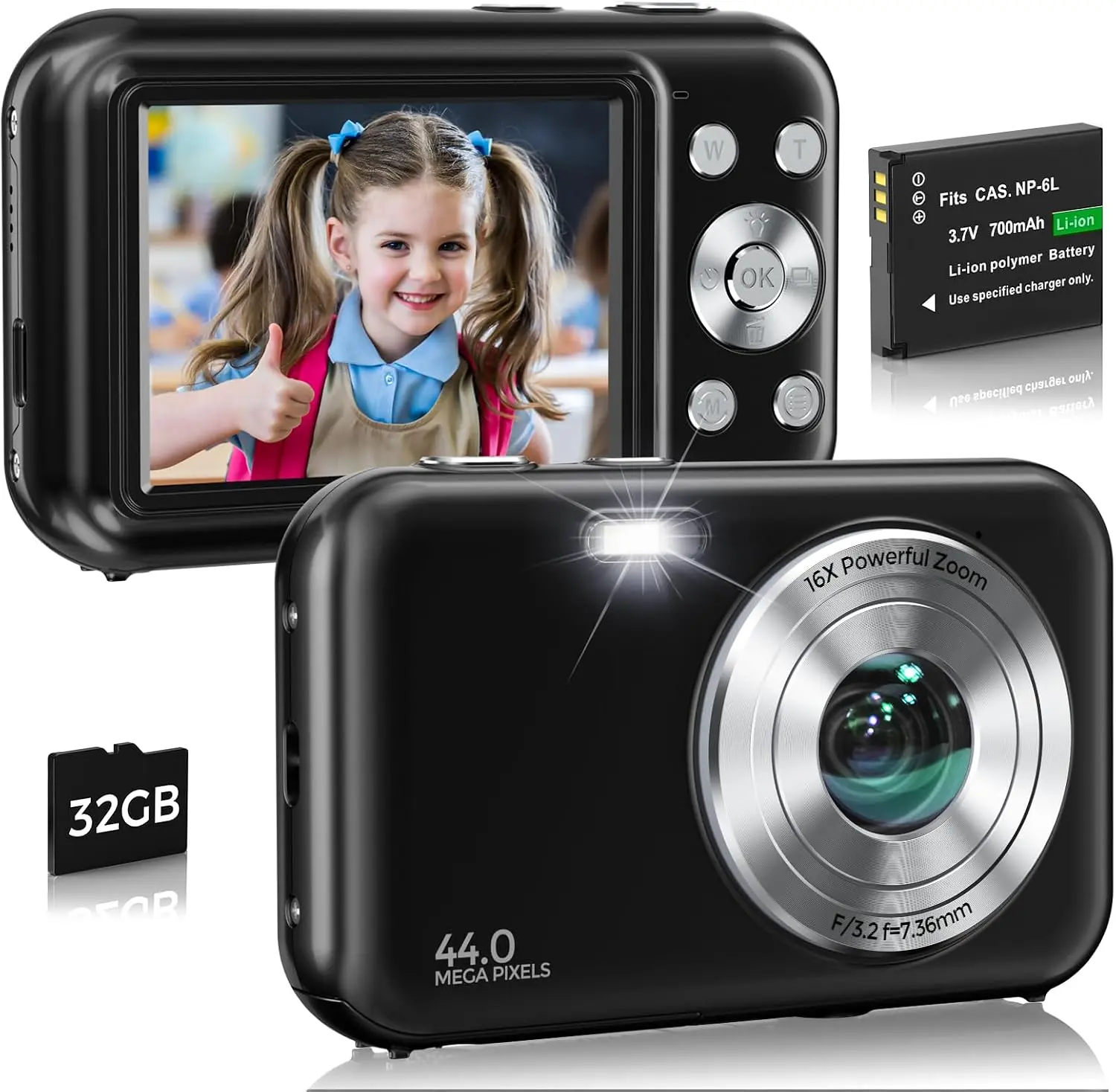 Digital Camera, FHD 1080P 44MP Vlogging Camera with 32GB Card (Black)| Anti-Shake 16X Zoom Compact Travel Point and Shoot Digital Camera for Beginners Teens