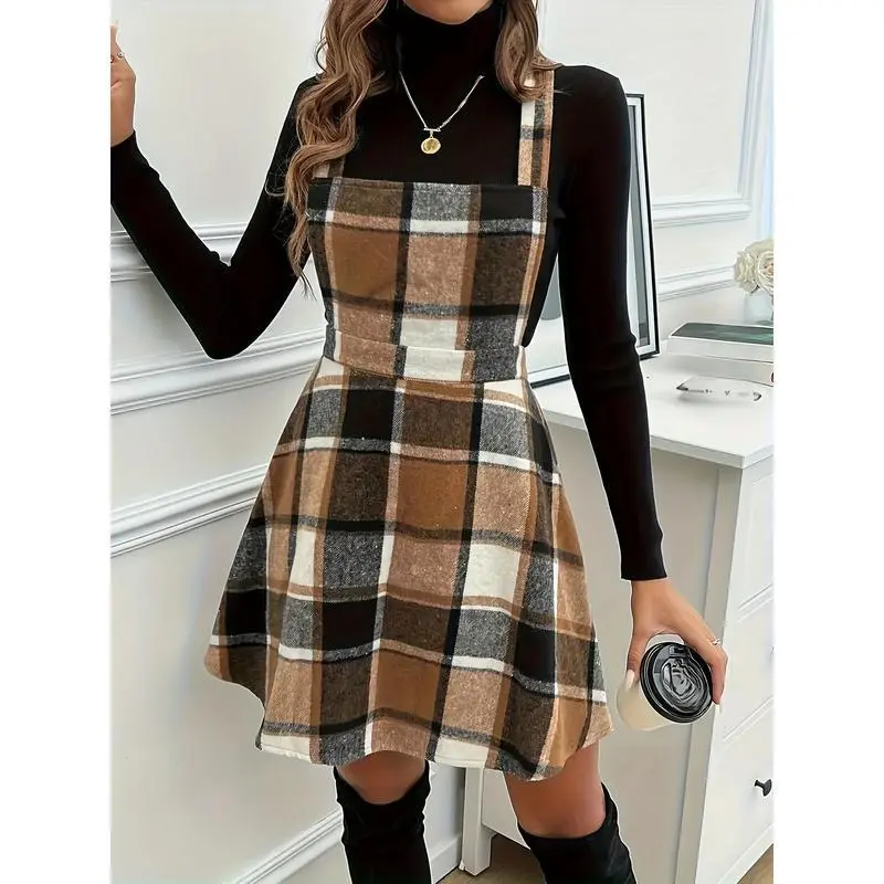 Women's Plaid Dress with Square Neck, Long Sleeves, Knee-Length, Suitable for Casual to Formal Occasions in Autumn and Winter