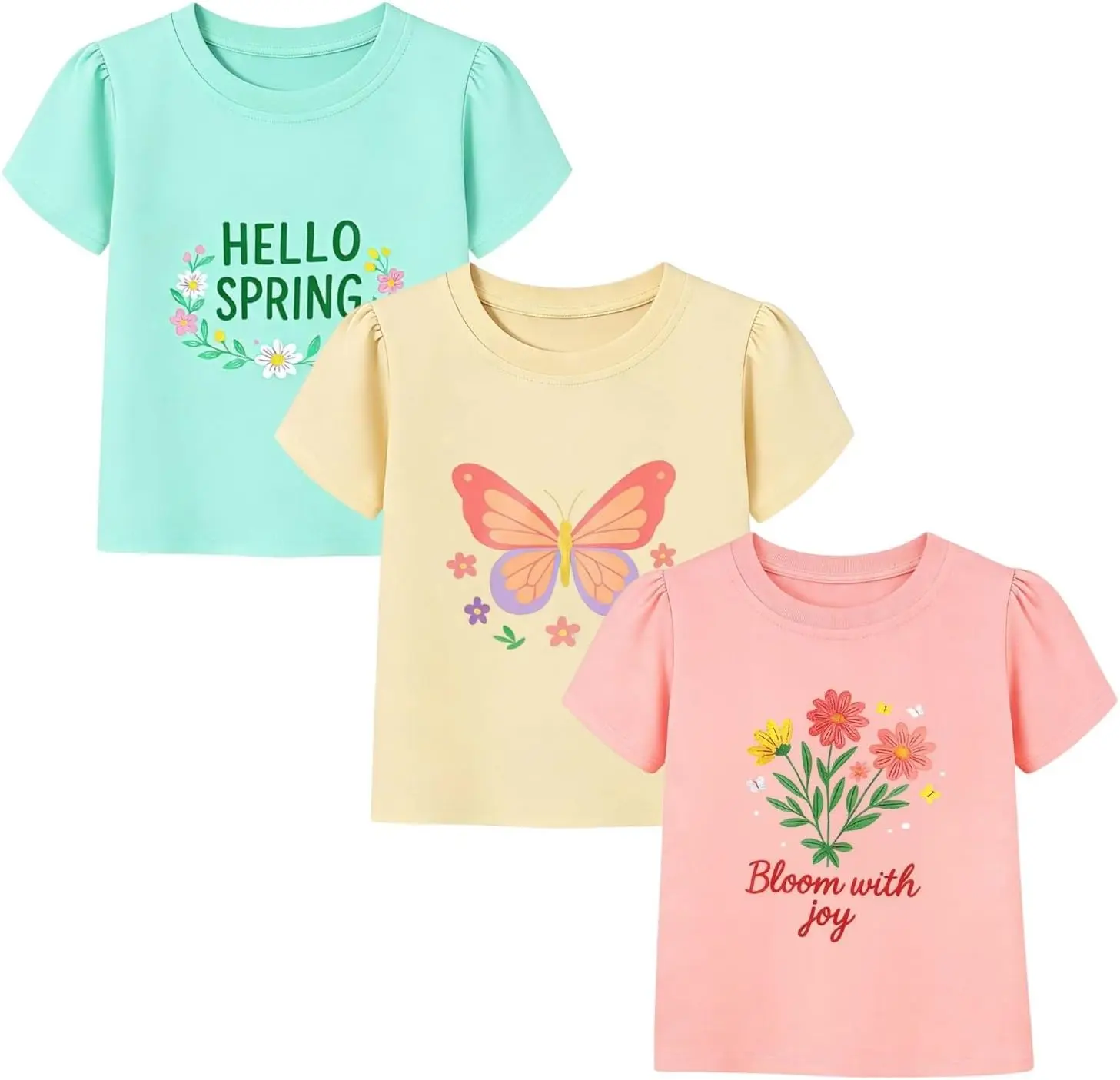 HILEELANG Toddler Girls Graphic T Shirts 3 Pack 100% Cotton Cute Spring Summer Short Sleeve Tees Soft Breathable Tops 2-7T