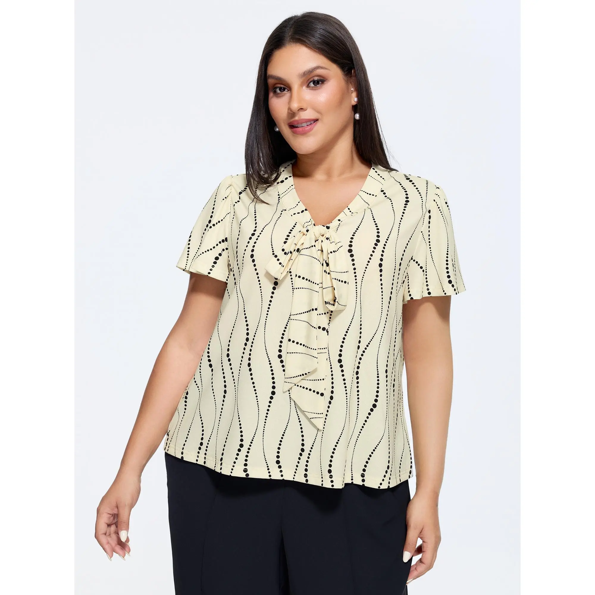 Women's Apricot Polka Dot T-Shirt with Ruffle Flutter Sleeves, a Basic Short Sleeve Stretch Fit Top for Office and Everyday Wear, Polka Dot Style, Ruffle Detailing Women's T-Shirts, Short Sleeve Stretch Fit Women's T-Shirts