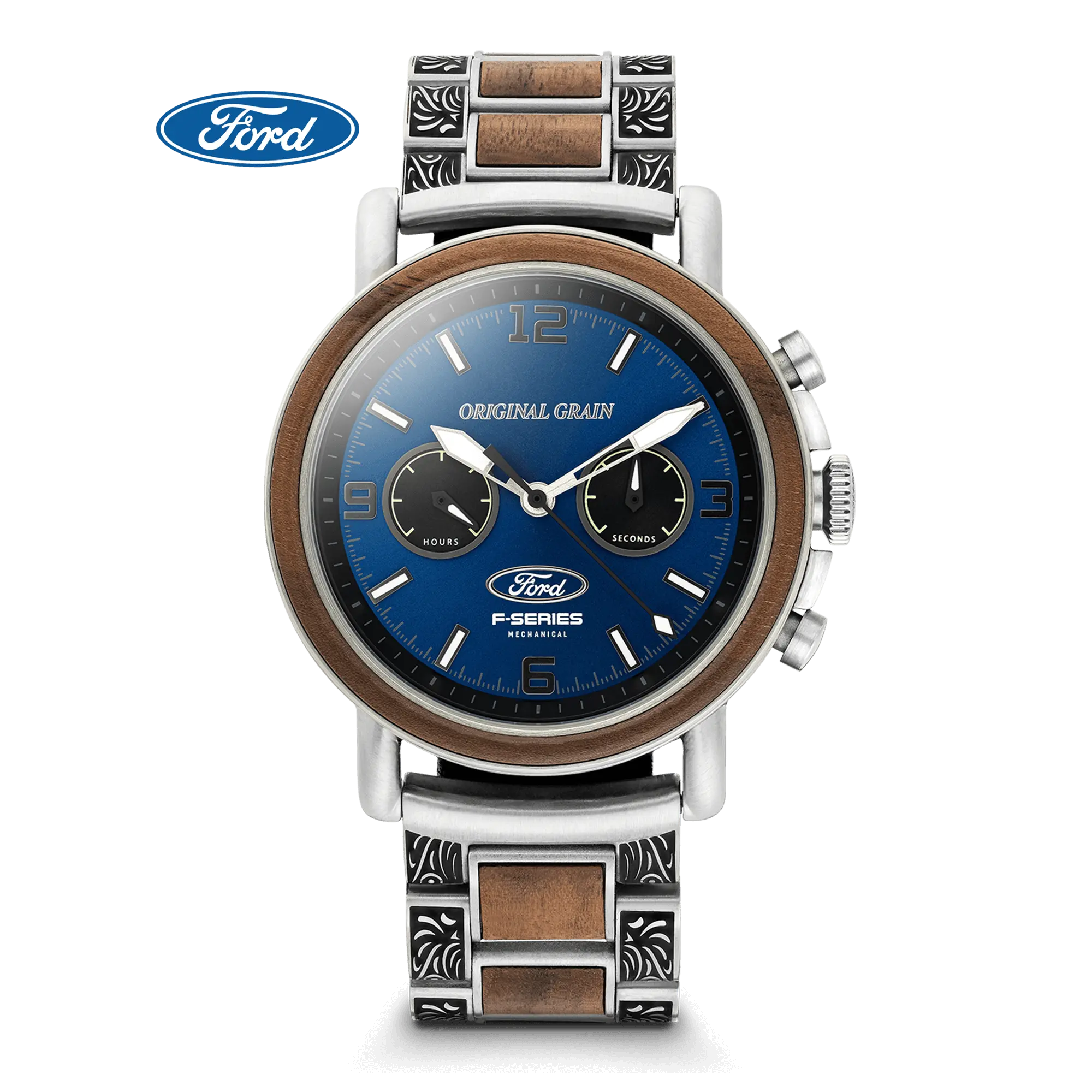 Men's Mechanical Chronograph Watch, 44mm Western-Inspired Design with Engraved Steel Case, Wood Details & Leather Strap, Male, Steel&Wood