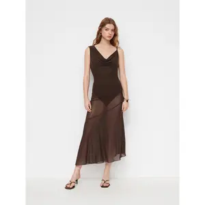 Cider Mesh Cowl Neck Backless See-through Ruffle Hem Maxi Bodysuit Dress