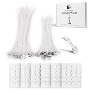 Candle Wicks 30 Pcs 4 inch with 1 Candle Wick Holder & 30 Wick Tab Stickers, Long Lasting Pre-Waxed & Tabbed Cotton Threads with No Black Smoke