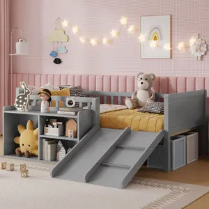 Twin Size Low Loft Bed with Slide, Movable Bookshelf Storage, Guardrails, Low Loft Bed Frame for Kids, No Box Spring Needed