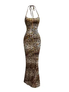 Elegant Mermaid Bodycon Dress, Sexy Backless Tie-Back Sleeveless Gown, Vintage Leopard Print Long Dress for Parties and Daily Wear