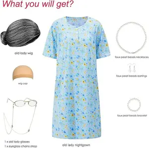 7 Pieces Women Old Lady Costume with Dress Wig Headscarf Glasses Stockings Cane for Halloween, 100 Days of School