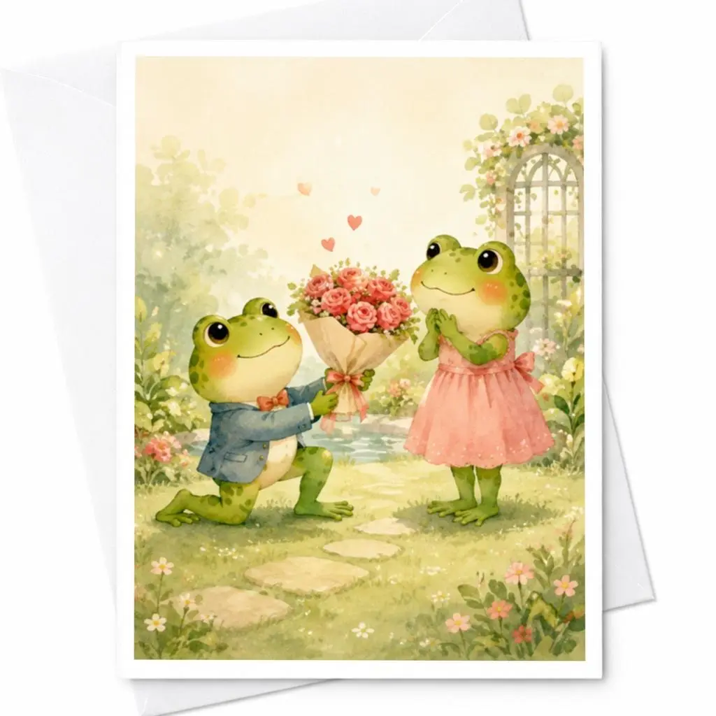 Frogs With Bouquet Love Card Cute Romantic Animal Greeting Card For Her Anniversary Card Watercolor Garden Scene C4919