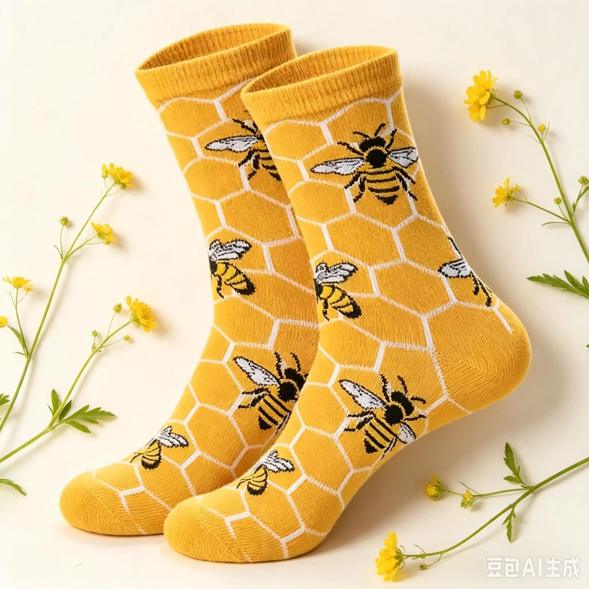 5-pair pack of soft, comfortable, and trendy mid-calf socks featuring a unique and playful bee-themed cartoon design; unisex style suitable for lounging at home or casual outdoor wear. Menswear Man