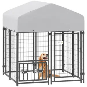 PawHut 3.9' x 3.9' x 4.5' Outdoor Dog Kennel, Welded Wire Heavy Duty Dog Run with 360° Rotating & 4 Level Adjustable Bowls, Dog Kennel Outside with Waterproof & UV Resistant Cover, for S&M Dogs
