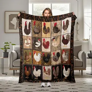 ​​Farmhouse Chicken Flannel Blanket​​ – 1pc Soft & Cozy Vintage Rooster & Hen Print Throw | Warm All-Season Use for Sofa, Bed, Camping, Office, Travel, Machine Washable Rustic Decor