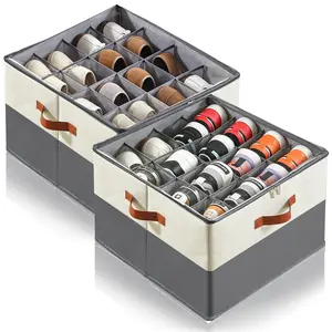 2-Pack Shoe Storage Organizer, 2 Pcs Set Rectangle Fabric Bins with Mesh Compartments, Dustproof PVC Cover, 17x17x12.5in Patchwork Design, Shelf-Compatible, Holds Up to 32 Sneaker Pairs