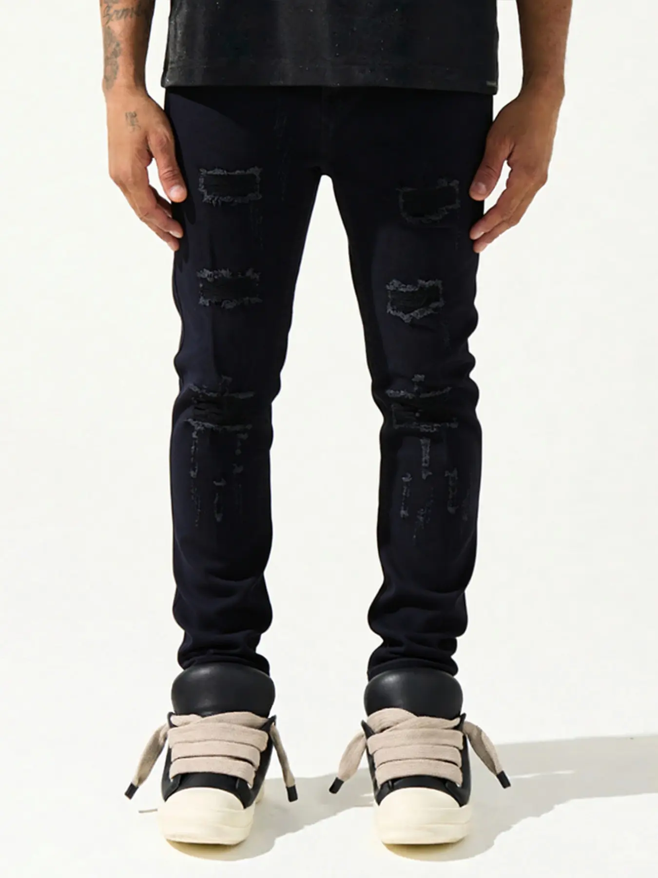 Men's black Casual ripped denim slim-fit stretchy ripped jeans, with multiple irregular tearing techniques, stretch fabric street-style skinny pants, Y2K high-street unruly retro style