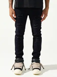 Men's black Casual ripped denim slim-fit stretchy ripped jeans, with multiple irregular tearing techniques, stretch fabric street-style skinny pants, Y2K high-street unruly retro style