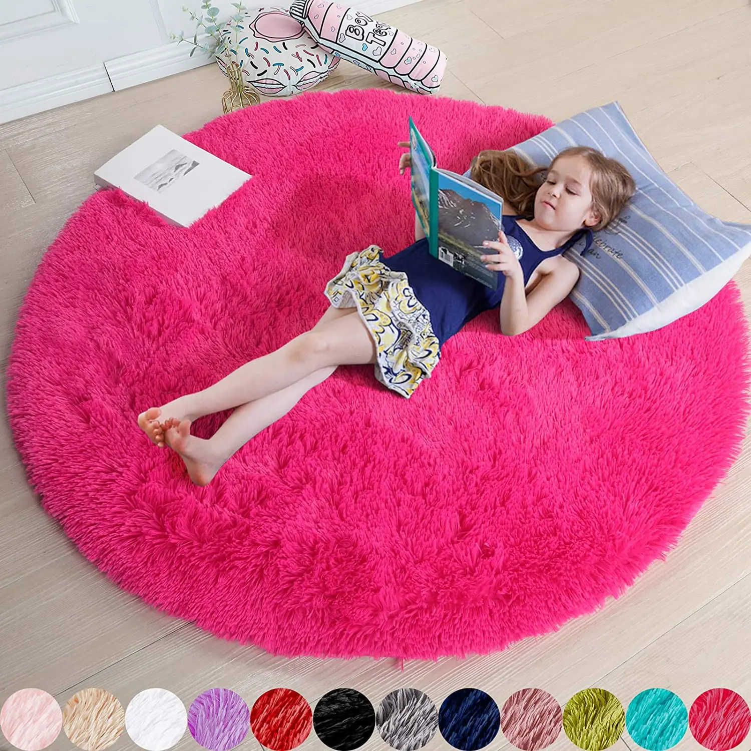 Hot Pink round Rugs 5Ft for Girls Bedroom, Fluffy Circle Area Rug for Kids Room Decor Aesthetic, Shag Plush Fuzzy Furry Carpet for Living Room, Nursery, Dorm, Classroom, Teen, Cute Princess Baby Rug Amdrebio