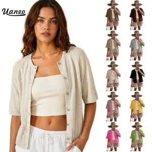 UANEO Women's Lightweight Knit Cardigan Short Sleeve Button-Down Crewneck Knitting Soft Tops Cardigan Sweater Casual Womenswear SummerVibes Knitwear Breathable