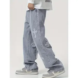 Stylish Men's Cross Patch Jeans - Fashionable Denim Pants with Unique Stitching Details - Comfortable and Durable for Everyday Wear