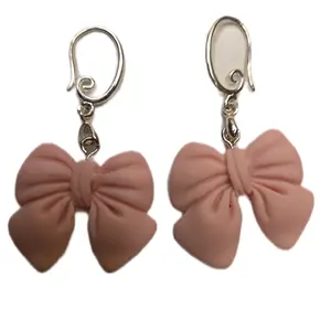 Handmade Clay Pink Bows  1 and 1/4th inch Hook Earrings #203
