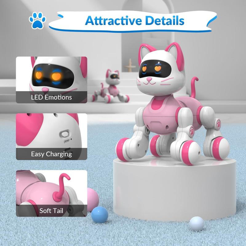 Programmable Remote Control Robot Cat Dog for Kids, Interactive Robotic Cat, Robo Cat, RC Robot with Touch Sensing, LED Eyes, Dance & Music, Sticker (White)7