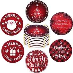 Christmas Ceramic Coasters with Metal Holder,  Xmas Absorbent Set of 6 Winter Holiday Drink Coaster Table Protection for  Kitchen Living Room Decor Wedding Gifts, 4 Inch, Round, Red