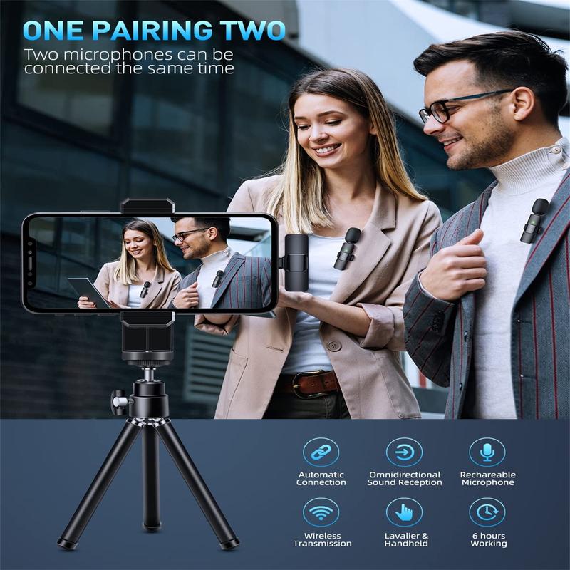 Wireless mini Microphone for iPhone/Smartphone, 2 Mini Lapel Microphones with Clearer Audio for Video Recording, Interview, Vlog，Noise Reduction Device Noise Cancellation Stereo Wireless vlogging  tools handheld high quality audio
