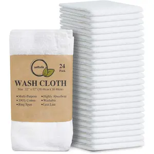 100% Cotton Ring Spun Wash Cloths Pack of 24 (12x12 Inches)– Bulk Pack of Washcloths – Wash Cloth for Face, Highly Absorbent, Soft and Face Towels (White)