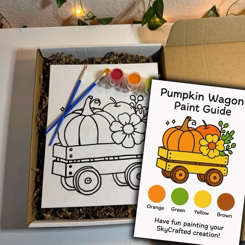 SkyCrafted Fall Paint Kit – DIY Canvas Painting Activity for Kids & Adults with 8x10 Pre-Sketched Canvas, 6 Acrylic Paints, 3 Brushes & Pumpkin Wagon Design