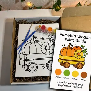 SkyCrafted Fall Paint Kit – DIY Canvas Painting Activity for Kids & Adults with 8x10 Pre-Sketched Canvas, 6 Acrylic Paints, 3 Brushes & Pumpkin Wagon Design