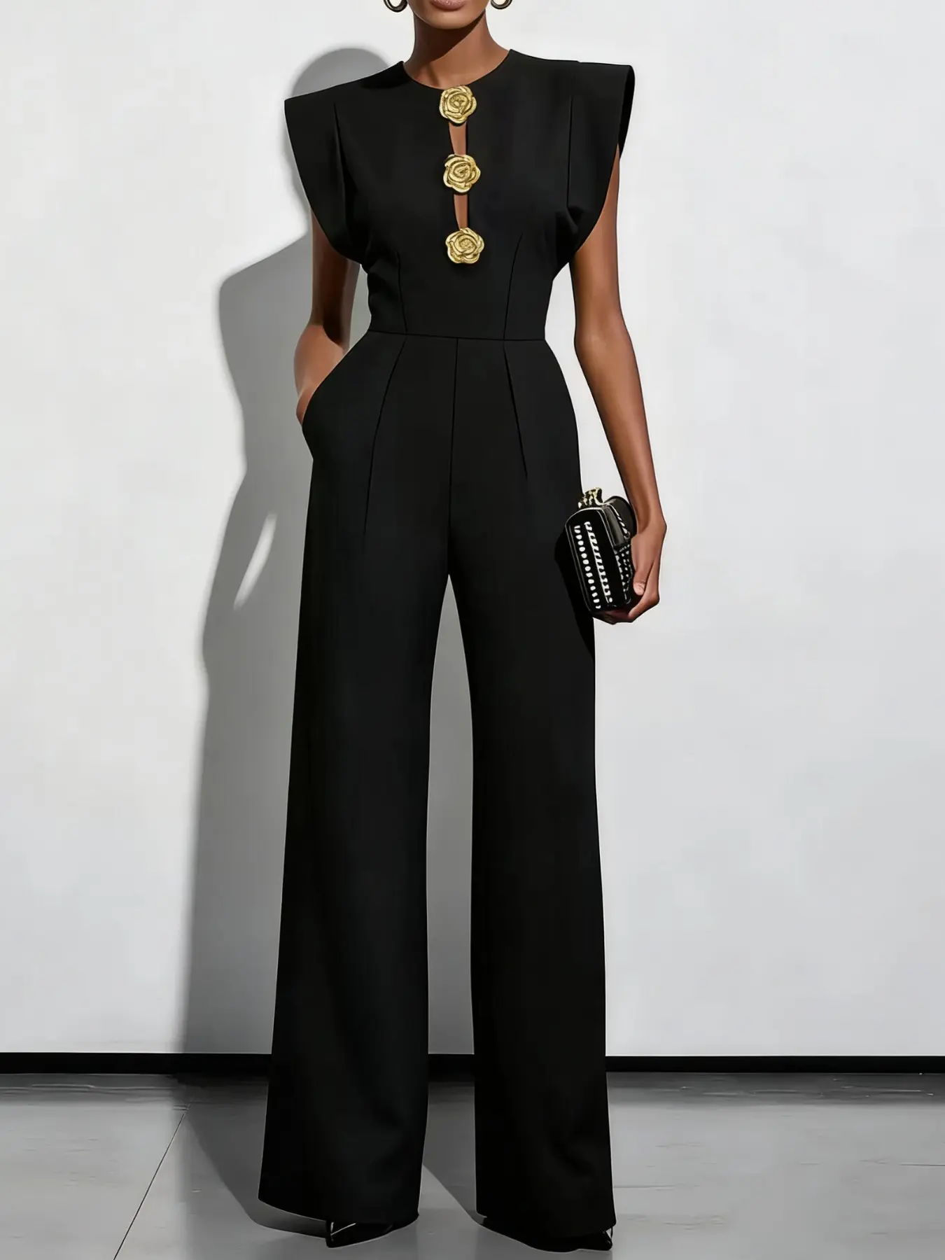 Elegant Jacquard Fabric Front Button Zipper Pocket Overall Pants, Flared Jumpsuit, Womenswear Office Wear for Spring Summer, Casual Chic Style, Casual Zipper Overalls