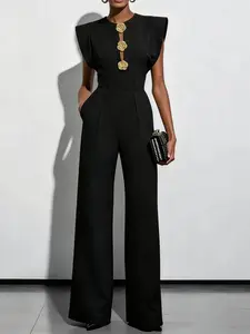Elegant Jacquard Fabric Front Button Zipper Pocket Overall Pants, Office Wear for Spring Summer, Casual Chic Style