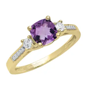 Dazzlingrock Collection 6mm Cushion Amethyst & Round White Sapphire with White Diamond 3 Stone Style Engagement Ring in 10K Solid Yellow Gold, Size 7