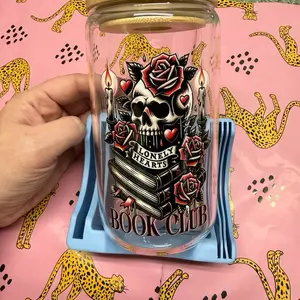 Reusable Glass Coffee Cup Tumbler - Stylish Kitchen Drinkware for Book Lovers