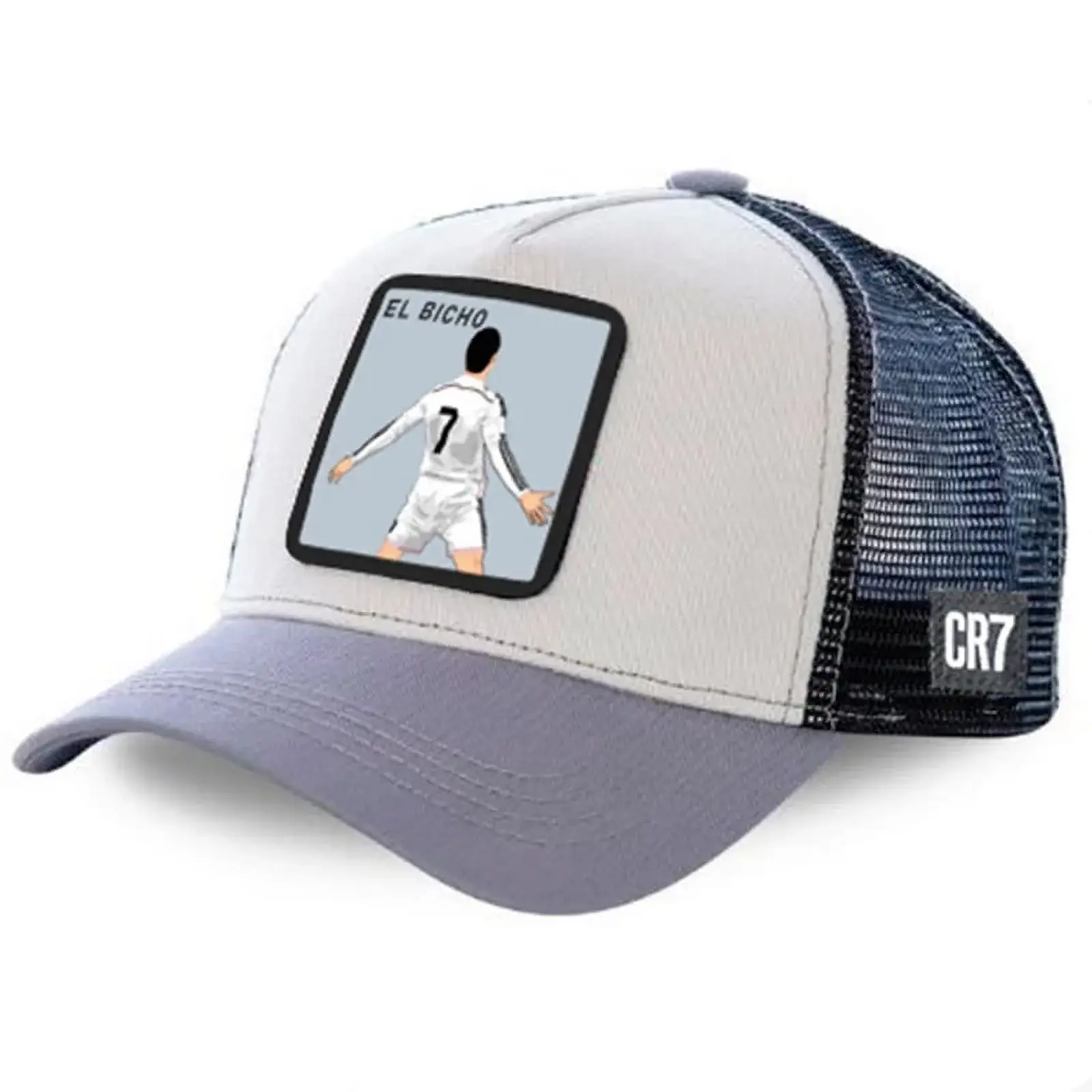 EL Bicho Truckers Hat Cap Snapback Adjustable Cr7 White Front Navy Blue Mesh Back Graphic Design Hand Wash Only