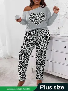 【Plus Size】 Two-Piece Set Leopard Print Outfits, Casual Asymmetrical Neck Long Sleeve Top & Pants, Women's Fall & Winter Outfits