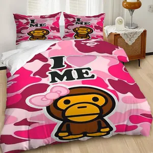 2/3Pcs Playful Pink Camouflage Duvet Cover Set, Decorative Duvet Cover, I Love ME Monkey Cartoon Bedding Set, Vibrant and Cozy Bedroom Decor, Perfect for Self-Love Vibe in Every Girl's Room!Includes 1 or 2 Pillowcase - No filling/Zipper Closure